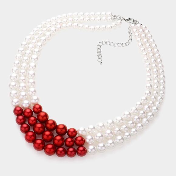 Pierced silver, white and red multi strand pearl necklace and earring set - Picture 4 of 4